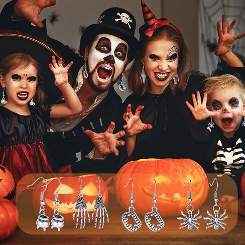 12 زوجًا من أقراط الهالوين الفضية، شبح شبح مخيف، جمجمة اليقطين، قبعة الساحرة، أقراط متدلية مصنوعة يدويًا، أقراط قوطية للهالوين، هدايا مجوهرات للحفلات in Kuwait