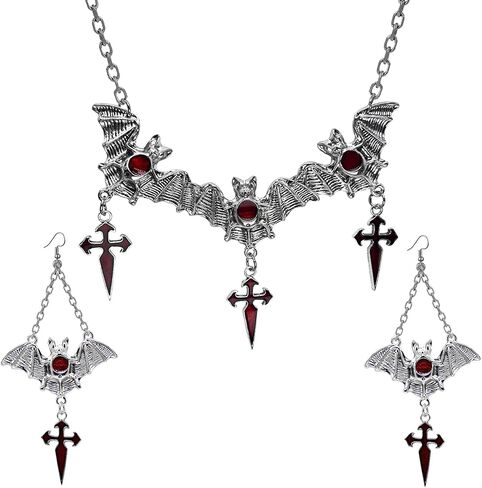 CJIAYUJEW Halloween Earrings Necklace Set, Vintage Gothic Bat Cross Spider Necklace Earrings for Women Girls, Halloween Jewelry Set for Party in Saudi Arabia