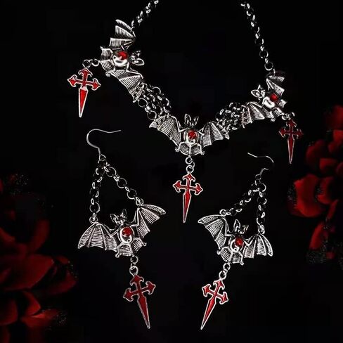 CJIAYUJEW Halloween Earrings Necklace Set, Vintage Gothic Bat Cross Spider Necklace Earrings for Women Girls, Halloween Jewelry Set for Party in Saudi Arabia