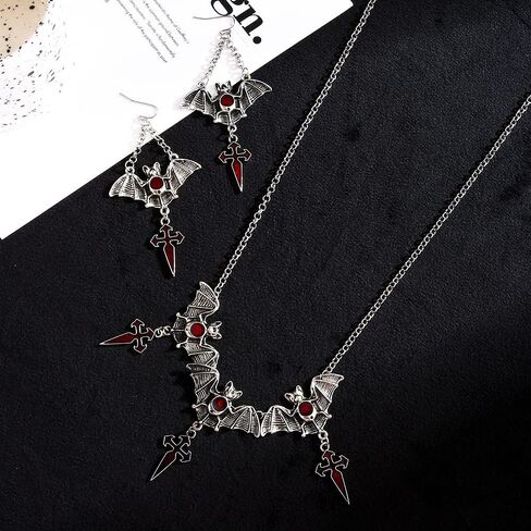 CJIAYUJEW Halloween Earrings Necklace Set, Vintage Gothic Bat Cross Spider Necklace Earrings for Women Girls, Halloween Jewelry Set for Party in Saudi Arabia