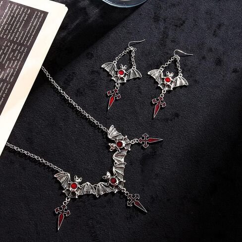 CJIAYUJEW Halloween Earrings Necklace Set, Vintage Gothic Bat Cross Spider Necklace Earrings for Women Girls, Halloween Jewelry Set for Party in Saudi Arabia
