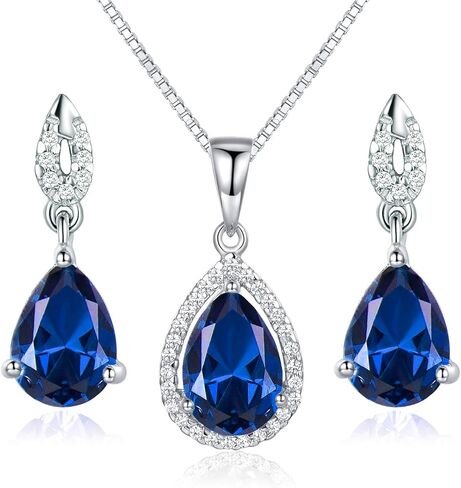 JIANGXIN Teardrop Birthstone 925 Sterling Silver Rhodium Plated Gemstone Jewelry Set for Women Stud Earring Pendant Necklace 16~18inch Italian Box chain in Kuwait