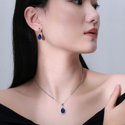 JIANGXIN Teardrop Birthstone 925 Sterling Silver Rhodium Plated Gemstone Jewelry Set for Women Stud Earring Pendant Necklace 16~18inch Italian Box chain in Kuwait