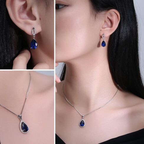 JIANGXIN Teardrop Birthstone 925 Sterling Silver Rhodium Plated Gemstone Jewelry Set for Women Stud Earring Pendant Necklace 16~18inch Italian Box chain in Kuwait