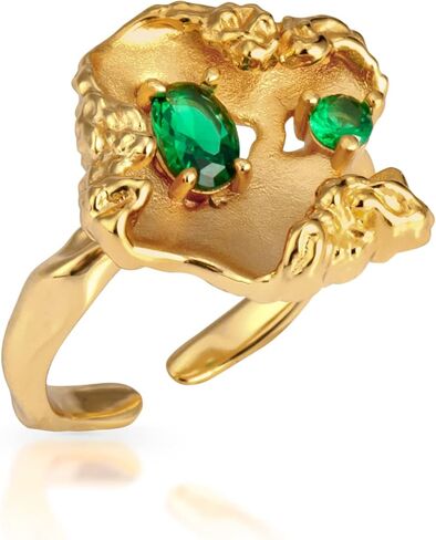 N9NEMUSES خاتم بيان من الذهب عيار 18 قيراط، خاتم مفتوح قابل للتعديل للنساء، خاتم أوراق غير منتظم مع لمسة زركونيا مكعبة باللون الأخضر الزمردي | حجم قابل للتعديل من 5.5 إلى 7.5 in Kuwait