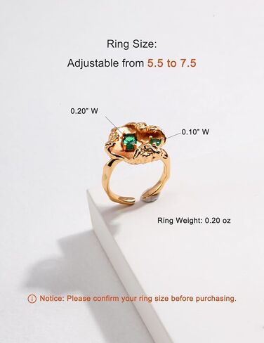 N9NEMUSES خاتم بيان من الذهب عيار 18 قيراط، خاتم مفتوح قابل للتعديل للنساء، خاتم أوراق غير منتظم مع لمسة زركونيا مكعبة باللون الأخضر الزمردي | حجم قابل للتعديل من 5.5 إلى 7.5 in Kuwait