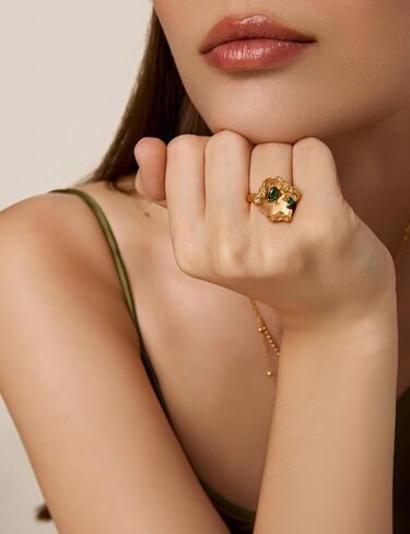 N9NEMUSES خاتم بيان من الذهب عيار 18 قيراط، خاتم مفتوح قابل للتعديل للنساء، خاتم أوراق غير منتظم مع لمسة زركونيا مكعبة باللون الأخضر الزمردي | حجم قابل للتعديل من 5.5 إلى 7.5 in Kuwait