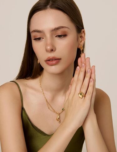 N9NEMUSES خاتم بيان من الذهب عيار 18 قيراط، خاتم مفتوح قابل للتعديل للنساء، خاتم أوراق غير منتظم مع لمسة زركونيا مكعبة باللون الأخضر الزمردي | حجم قابل للتعديل من 5.5 إلى 7.5 in Kuwait