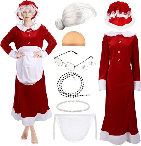 Yaomiao 9 Pcs Mrs. Santa Costume for Women Santa Claus Costume for Women Santa Dress Bonnet Apron Wig for Christmas in Saudi Arabia