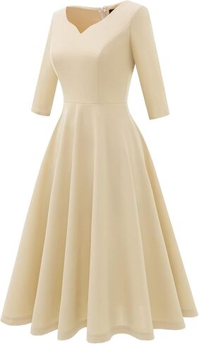 DRESSTELLS فستان نسائي رسمي منقوش عليه زهور لحفلات الزفاف للضيوف فستان وصيفة العروس مناسب لحفلات الشاي المتوهج فستان أودري هيبورن لحفلات الكوكتيل/الكنيسة/الحفلة الراقصة باللون الشامبانيا L in Kuwait