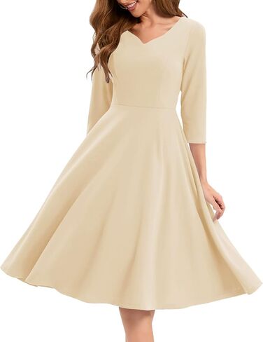 DRESSTELLS فستان نسائي رسمي منقوش عليه زهور لحفلات الزفاف للضيوف فستان وصيفة العروس مناسب لحفلات الشاي المتوهج فستان أودري هيبورن لحفلات الكوكتيل/الكنيسة/الحفلة الراقصة باللون الشامبانيا L in Kuwait