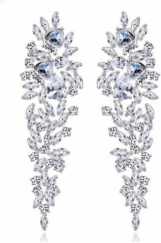 سيليكون اقراط متدلية لامعة مرصعة باحجار الزركونيا المكعبة على شكل ورقة شجر متدلية للعروس بقاعدة مطلية بالفضة in Kuwait