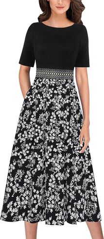 VFSHOW Womens Floral Applique Patchwork Pockets Work Casual Party A-Line Midi Dress in Saudi Arabia