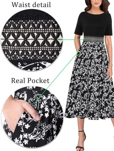 VFSHOW Womens Floral Applique Patchwork Pockets Work Casual Party A-Line Midi Dress in Saudi Arabia