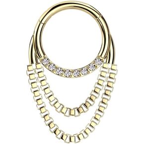 Pierced Owl 16GA 316L Stainless Steel CZ Crystal Paved Front Facing Hoop with Double Dangling Chains Hinged Segment Ring