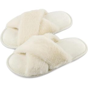 LARGERED Fuzzy Slippers Women, Cross Band Memory Foam Fluffy Furry Slippers Open Toe House Shoe Faux Fur Slippers, Plush Home Slippers for Women Indoor and Outdoor Bridal Gifts for Wedding, Size 5-10