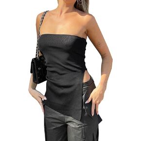 Eutten Women Strapless Bandeau Tube Top Asymmetrical Side Slit Hem Long Knit Tube Top Backless Y2K Sexy Going Out Tank Tops
