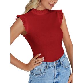 Umenlele Women’s Ruffle Trim Cap Sleeve Blouse Mock Neck Ribbed Tank Tee T Shirt Top