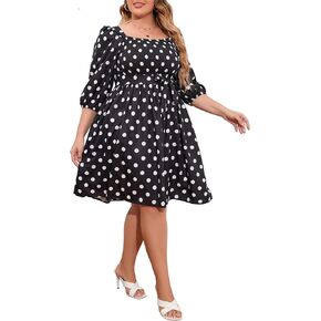 IWFEV Plus Size Women's Dress Polka Dot Square Neck Retro Puff Sleeve Midi Dress in Kuwait