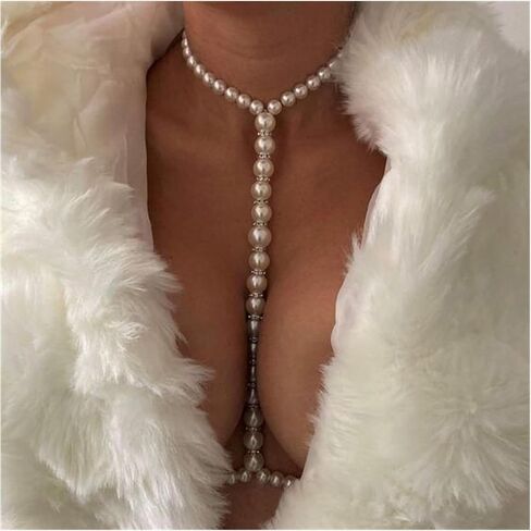 Sexy Pearl Bra Body Chain Jewelry Summer Beach Pearl Harness Bra Chain Necklace Bikini Festival Rave Pearl Bra Bralette Trendy Pearl Bead Waist Body Jewelry for Women in Kuwait