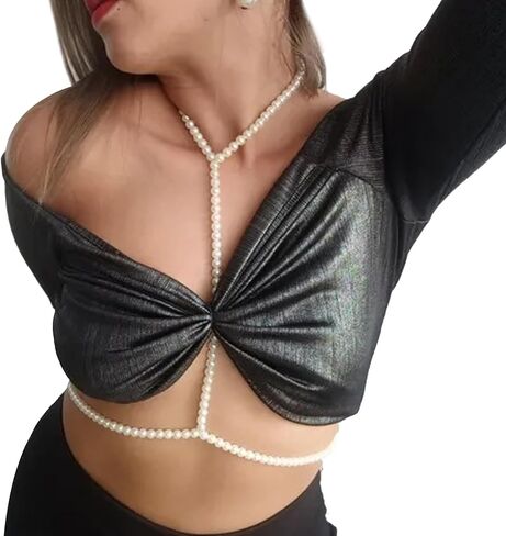 Sexy Pearl Bra Body Chain Jewelry Summer Beach Pearl Harness Bra Chain Necklace Bikini Festival Rave Pearl Bra Bralette Trendy Pearl Bead Waist Body Jewelry for Women in Kuwait