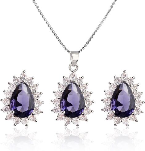 Bridal Jewelry Set for Women - Sterling Silver 14k White Gold/ Gold Plated Teardrop Crystal Cubic Zirconia Pendant Necklace Earrings Set for Wedding Bride Bridesmaids Girls Party Prom Birthday Valentine's Day Birthday Gift in Kuwait