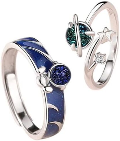 Kokoma Astronauts Planet Matching Couples Rings for Him and Her 925 Sterling Silver CZ Glazed Stone Stars Engagement Promise Rings Open Statement Rings Wedding Band Fashion Jewelry Gifts in Saudi Arabia