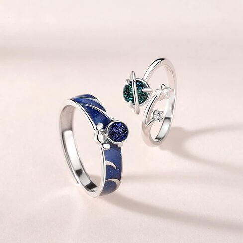 Kokoma Astronauts Planet Matching Couples Rings for Him and Her 925 Sterling Silver CZ Glazed Stone Stars Engagement Promise Rings Open Statement Rings Wedding Band Fashion Jewelry Gifts in Saudi Arabia