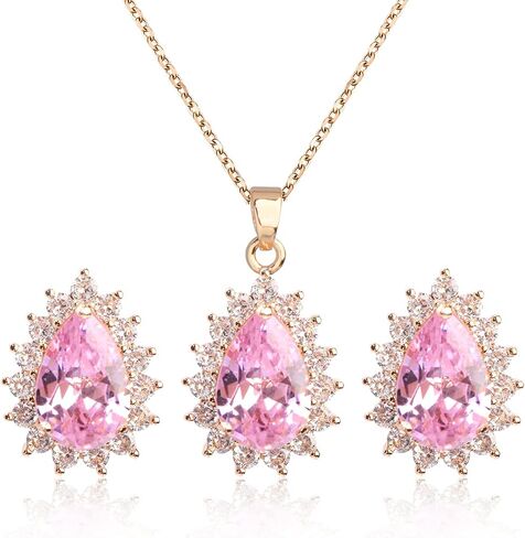 Bridal Jewelry Set for Women - Sterling Silver 14k White Gold/ Gold Plated Teardrop Crystal Cubic Zirconia Pendant Necklace Earrings Set for Wedding Bride Bridesmaids Girls Party Prom Birthday Valentine's Day Birthday Gift in Kuwait