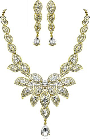 Janefashions Large Floral Clear White Austrian Rhinestone Crystal Bib Statement Necklace Earrings Set Party Bridal Set, Prom Pageant Wedding Jewelry Set, Gold or Silver N1581 in Saudi Arabia