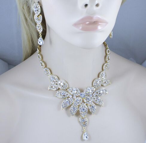 Janefashions Large Floral Clear White Austrian Rhinestone Crystal Bib Statement Necklace Earrings Set Party Bridal Set, Prom Pageant Wedding Jewelry Set, Gold or Silver N1581 in Saudi Arabia