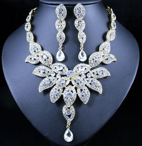 Janefashions Large Floral Clear White Austrian Rhinestone Crystal Bib Statement Necklace Earrings Set Party Bridal Set, Prom Pageant Wedding Jewelry Set, Gold or Silver N1581 in Saudi Arabia