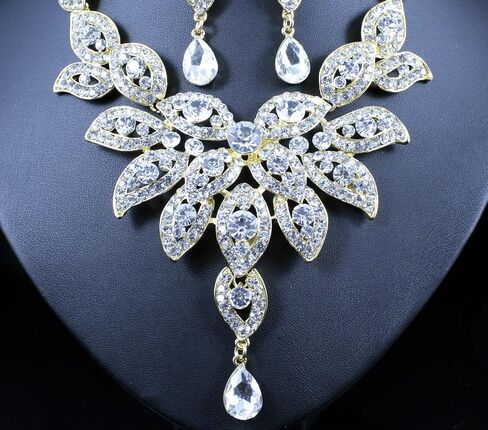 Janefashions Large Floral Clear White Austrian Rhinestone Crystal Bib Statement Necklace Earrings Set Party Bridal Set, Prom Pageant Wedding Jewelry Set, Gold or Silver N1581 in Saudi Arabia