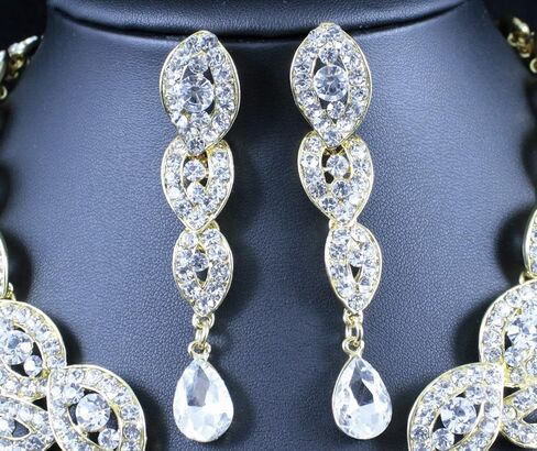 Janefashions Large Floral Clear White Austrian Rhinestone Crystal Bib Statement Necklace Earrings Set Party Bridal Set, Prom Pageant Wedding Jewelry Set, Gold or Silver N1581 in Saudi Arabia
