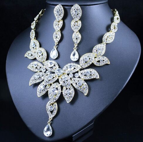 Janefashions Large Floral Clear White Austrian Rhinestone Crystal Bib Statement Necklace Earrings Set Party Bridal Set, Prom Pageant Wedding Jewelry Set, Gold or Silver N1581 in Saudi Arabia