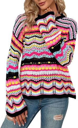 CORIRESHA Women's Multicolored Striped Crochet Knit Cardigan Crew Neck Flared Sleeve Button Y2K Sweater Coat in Saudi Arabia