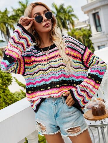 CORIRESHA Women's Multicolored Striped Crochet Knit Cardigan Crew Neck Flared Sleeve Button Y2K Sweater Coat in Saudi Arabia