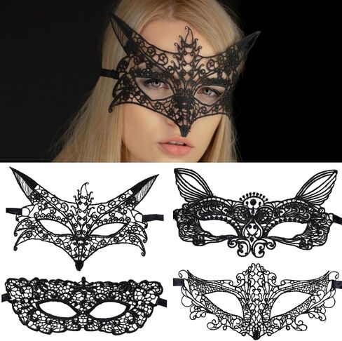 هياموي قناع تنكري من الدانتيل للنساء، قناع عين مرن من الدانتيل الاسود، اقنعة فينيسية للهالوين والكرنفالات، 6 قطع in Kuwait