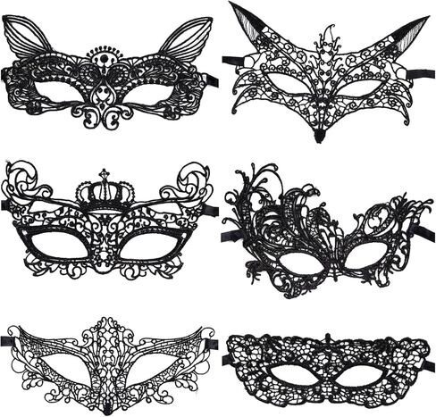 هياموي قناع تنكري من الدانتيل للنساء، قناع عين مرن من الدانتيل الاسود، اقنعة فينيسية للهالوين والكرنفالات، 6 قطع in Kuwait