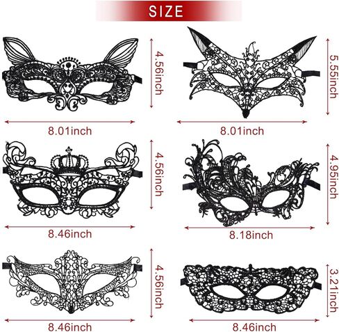 هياموي قناع تنكري من الدانتيل للنساء، قناع عين مرن من الدانتيل الاسود، اقنعة فينيسية للهالوين والكرنفالات، 6 قطع in Kuwait