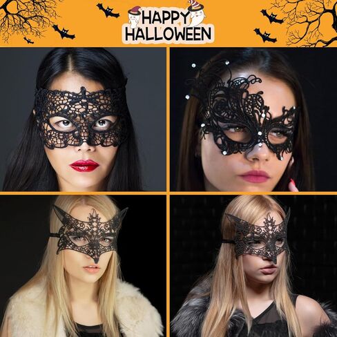 هياموي قناع تنكري من الدانتيل للنساء، قناع عين مرن من الدانتيل الاسود، اقنعة فينيسية للهالوين والكرنفالات، 6 قطع in Kuwait