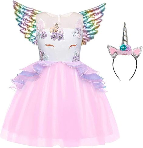 فساتين QPANCY للفتيات يونيكورن ملابس الأميرة للمهرجانات المتطابقة مع عصابة الرأس والجناح in Kuwait