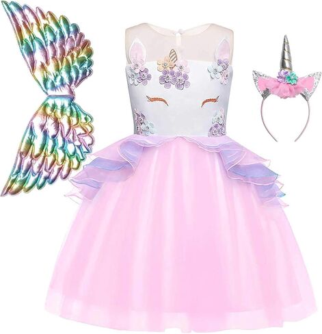 فساتين QPANCY للفتيات يونيكورن ملابس الأميرة للمهرجانات المتطابقة مع عصابة الرأس والجناح in Kuwait