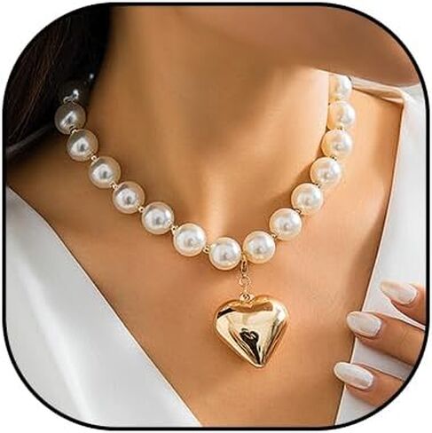 Heart Necklaces for Women Gold Chunky Heart Necklace Pearl Beads Choker Necklaces Y2k Necklace Trendy Jewelry Accessories Girls Gifts in Saudi Arabia