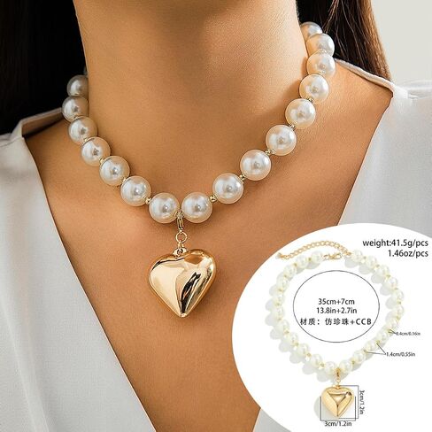 Heart Necklaces for Women Gold Chunky Heart Necklace Pearl Beads Choker Necklaces Y2k Necklace Trendy Jewelry Accessories Girls Gifts in Saudi Arabia