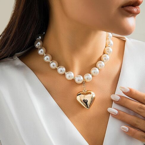 Heart Necklaces for Women Gold Chunky Heart Necklace Pearl Beads Choker Necklaces Y2k Necklace Trendy Jewelry Accessories Girls Gifts in Saudi Arabia