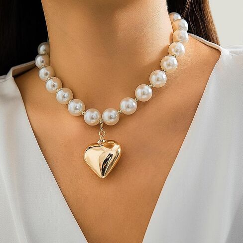 Heart Necklaces for Women Gold Chunky Heart Necklace Pearl Beads Choker Necklaces Y2k Necklace Trendy Jewelry Accessories Girls Gifts in Saudi Arabia