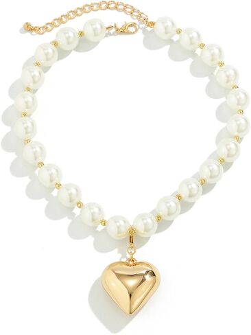 Heart Necklaces for Women Gold Chunky Heart Necklace Pearl Beads Choker Necklaces Y2k Necklace Trendy Jewelry Accessories Girls Gifts in Saudi Arabia