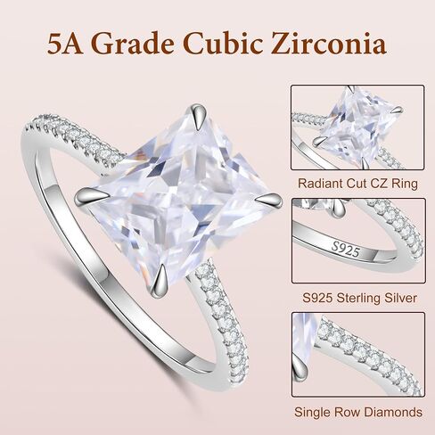 BAGUTTA PAVONE 4CT CZ Engagement Rings for Women,Women's Princess/Radiant Cut 925 Sterling Silver Solitaire Wedding Bands Engagement Promise Rings for Her with 18K White Gold Plated. in Saudi Arabia