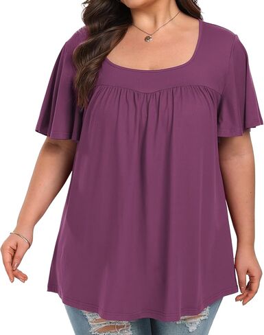 Tanmolo حريمي مقاس كبير بلايز كم قصير رقبة مربعة قمصان صيفية 2024 بلوزة تونيك ناعمة غير رسمية مقاس 14-26 1XL-4XL in Kuwait